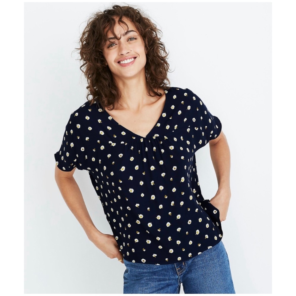 MADEWELL Navy Blue Floral Daisy Dots V-Neck Rhyme Blouse